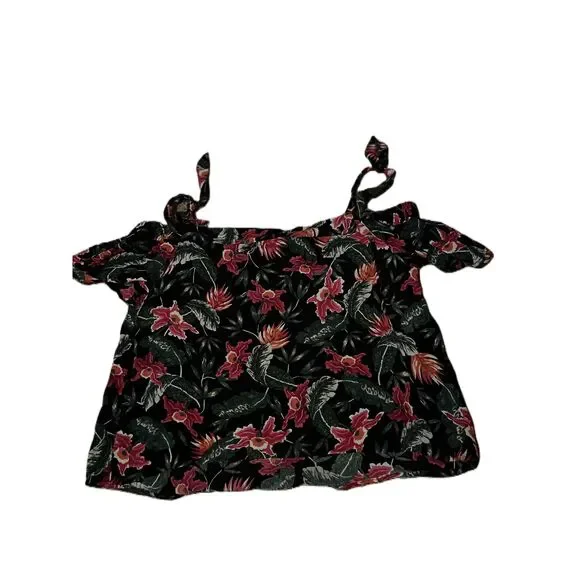 Womens Multicolor Floral Tie Straps Ruffle Details Off-Shoulder Top Size Large - Picture 2 of 5